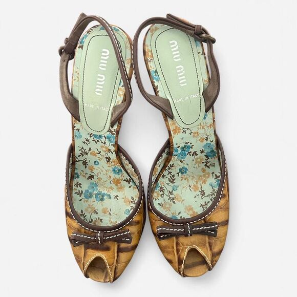 Miu Miu vintage peep toe croc embossed tan brown sling back heels 7.5 - Picture 4 of 8